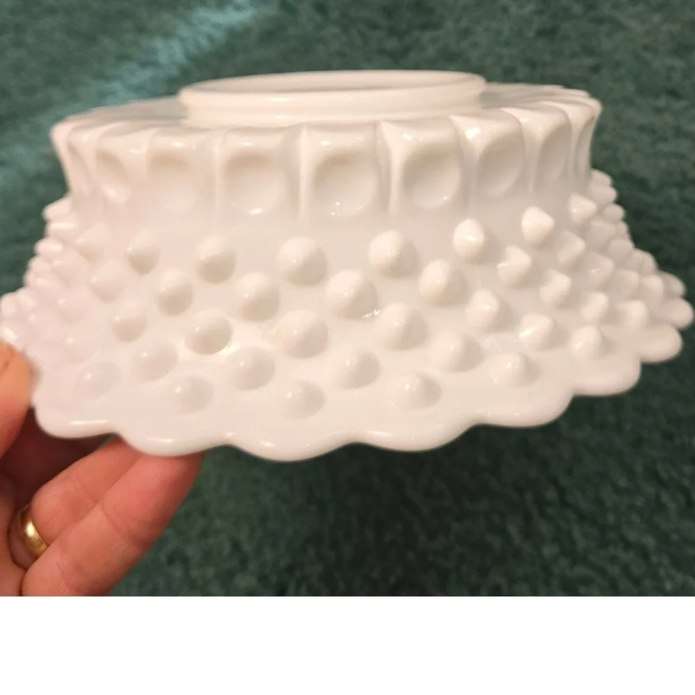 Fenton Mid-Century Hobnail‎ White Scalloped Edge Milk Glass Bowl Cottagecore